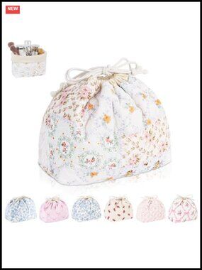 Quilted Drawstring Makeup Bag Canvas Cosmetic Pouch Travel Organizer